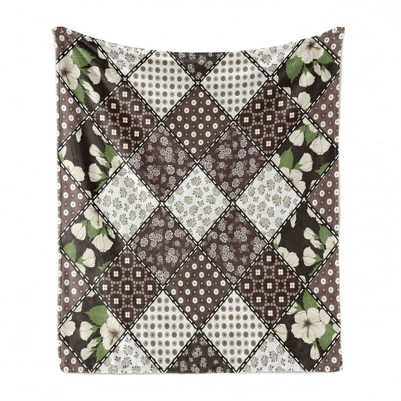Retro Soft Flannel Fleece Throw Blanket, Patchwork with Polka Dots Hibiscus Flowers and Rounds Old Fashioned Design, Cozy Plush for Indoor and Outdoor Use, 50" x 70", Brown Beige, by Ambesonne