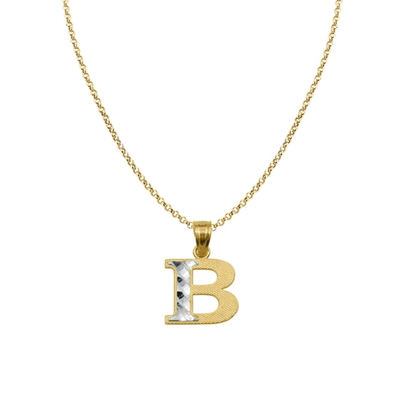 Genuine 14k Two-tone Gold 0.59" Diamond-cut Initial Letter B Necklace 16", 18", 20", 22" Trendy Charm Initial Necklaces for Women