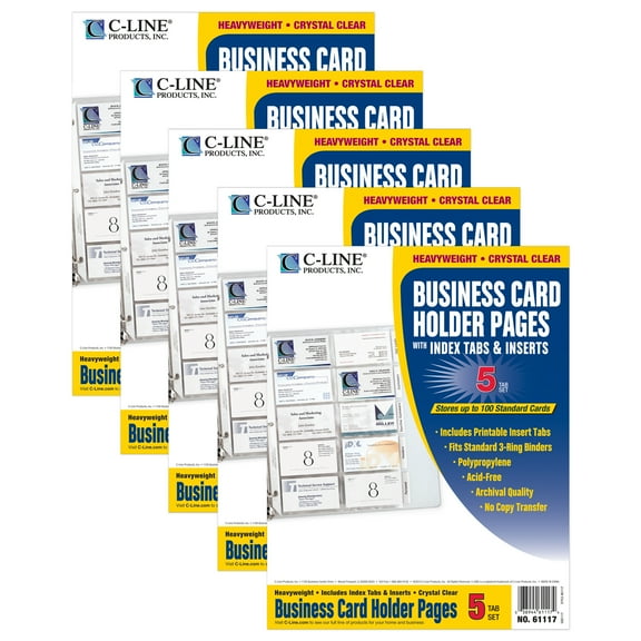 C-Line Business Card Holder, Poly with Tabs, Holds 20 Cards/Page, 11" x 8-1/2", 5 Per Pack, 5 Packs
