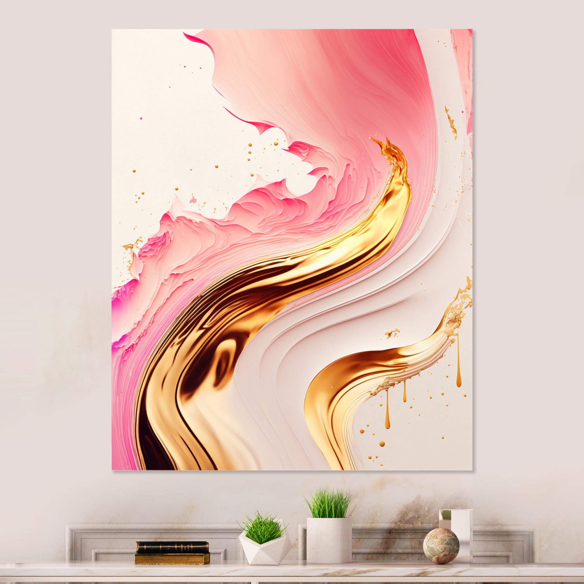 Designart Bold Pink And Gold Flow Art III Canvas Wall Art