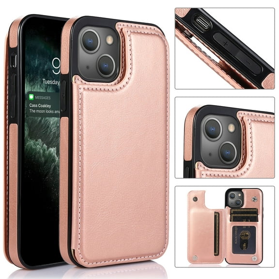 Wallet Case for iPhone 14 Plus with Card Holder, Back Folio Flip Premium PU Leather Kickstand Card Slots Case, Double Strong Magnetic Clasp Durable Shockproof Phone Case for iPhone 14 Plus,Rosegold