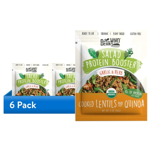 (6 pack) BeanVIVO Organic Lentil & Quinoa Protein Booster, Ready-to-Eat Plant-Based Protein for Salads, Bowls & Meals, Garlic & Herb, 5 oz