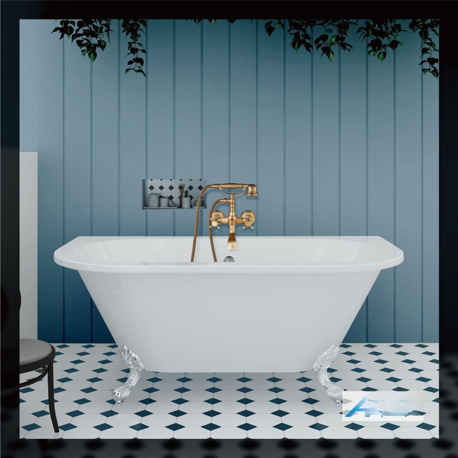 Wall Mount Bathtub Faucet Antique Brass Cross Handle with Handheld Sprayer