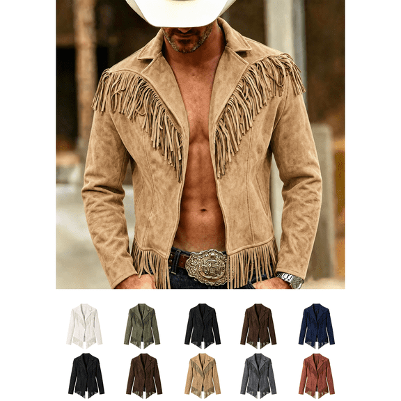 Zynoxe Men's Suede Jackets Classic Lapel Zip‑Up Oudoor Jacket Long Sleeve Open‑Front Jackets for Men Vintage Solid Color Casual Outer Coat Western Style with Tassel Khaki S