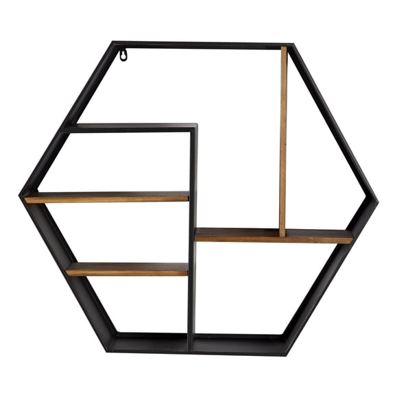 DecMode 30" x 7" Hexagon 5-Tier Black Geometric Wall Shelf with Wooden Accents