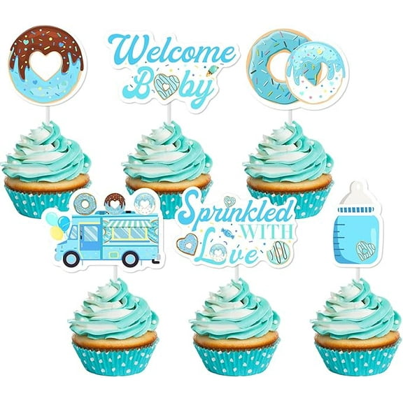 36pcs Sprinkled With Love Cupcake Toppers, Baby Sprinkle Decorations for Boy Cupcake Toppers Donut Theme Baby Shower Decorations Double-Sided Printing Boys Gender Reveal Its a Boy Party