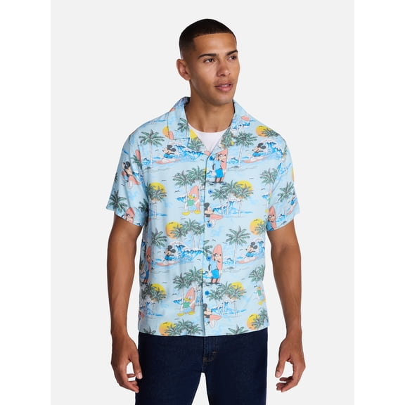Disney Men's and Big Men's Mickey Aloha Graphic Button Up Shirt with Short Sleeves, Sizes S-4XL