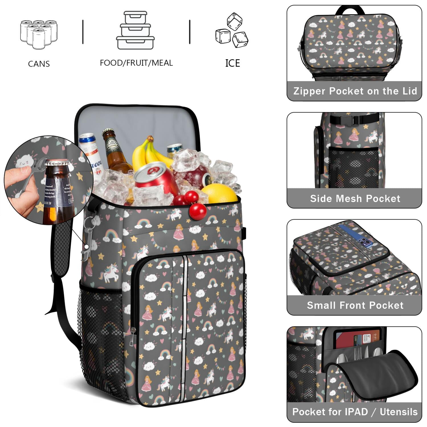 Travel Cooler Bag - Dark Gray Princess Unicorn Cloud Pattern Camping Beer Cooler Backpack with Bottle Opener- Waterproof Insulated Picnic Backpacks - Cooler Bag for Beach