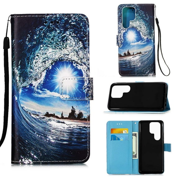 For Samsung Galaxy S22 Ultra Case, Mantto Patterned With Hand Rope Strap Cute Painted Flip Card Wallet Slots Case,Kickstand Phone Skin For Samsung Galaxy S22 Ultra 5G, Sea Wave
