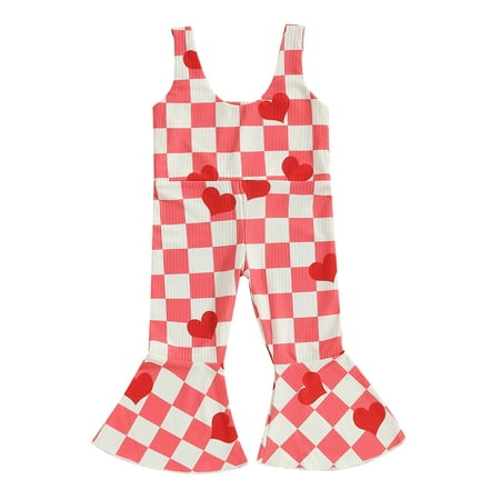 

Toddler Kids Girl Valentine s Day Bell Bottom Romper Sleeveless Heart Ribbed Strap Suspender Pants