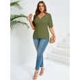 thumbnail image 7 of SHOWMALL Women's Plus Shirts Henley Elbow Sleeve Top Casual Ribbed Curved Tops Army Green 3X Layered Knit Fitted Effortless Style Top, 7 of 7