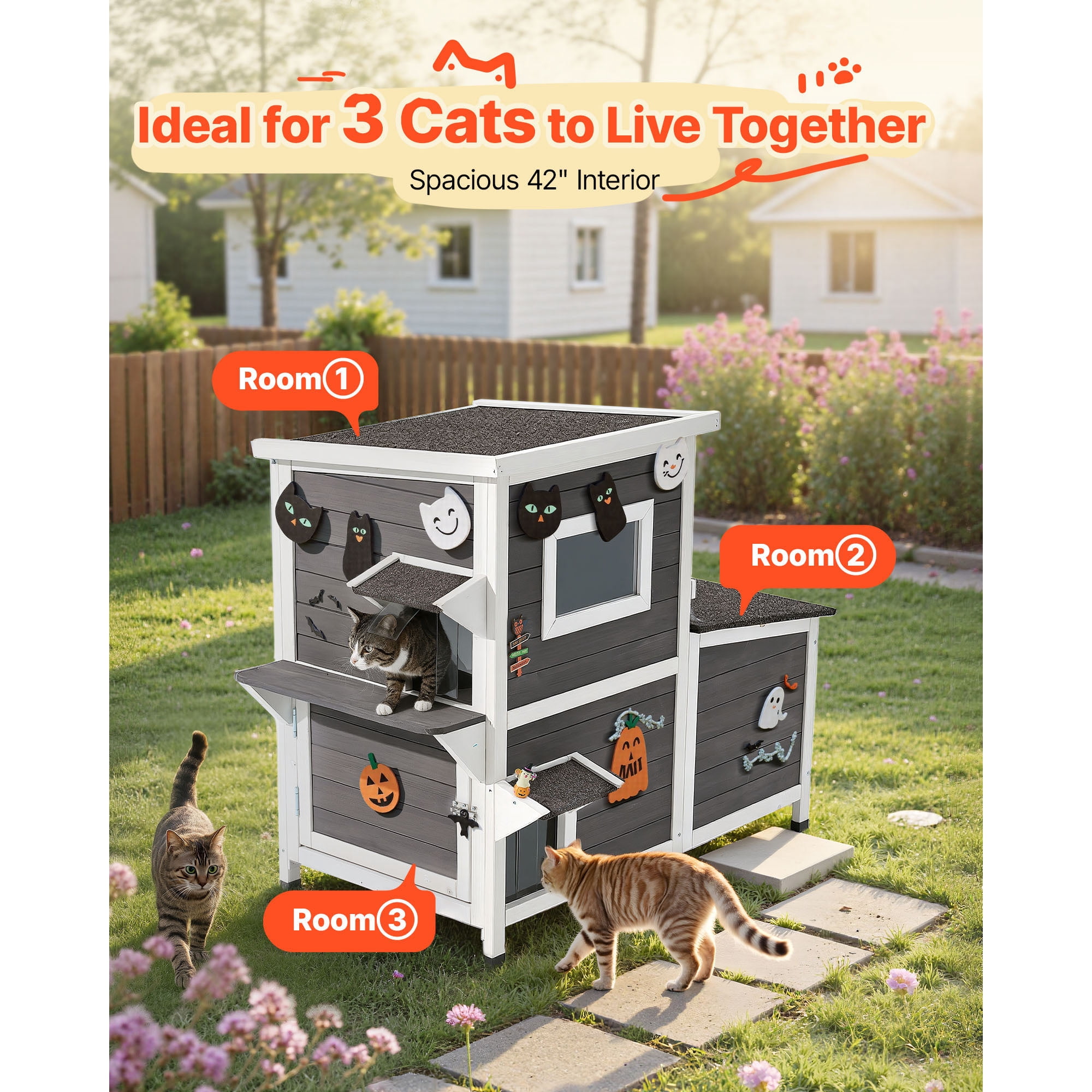 KFFKFF Wooden 2-Story Outdoor Cat House, Elevated Shelter for Feral Cats with Stairs, Windows, Flap Doors, 42"