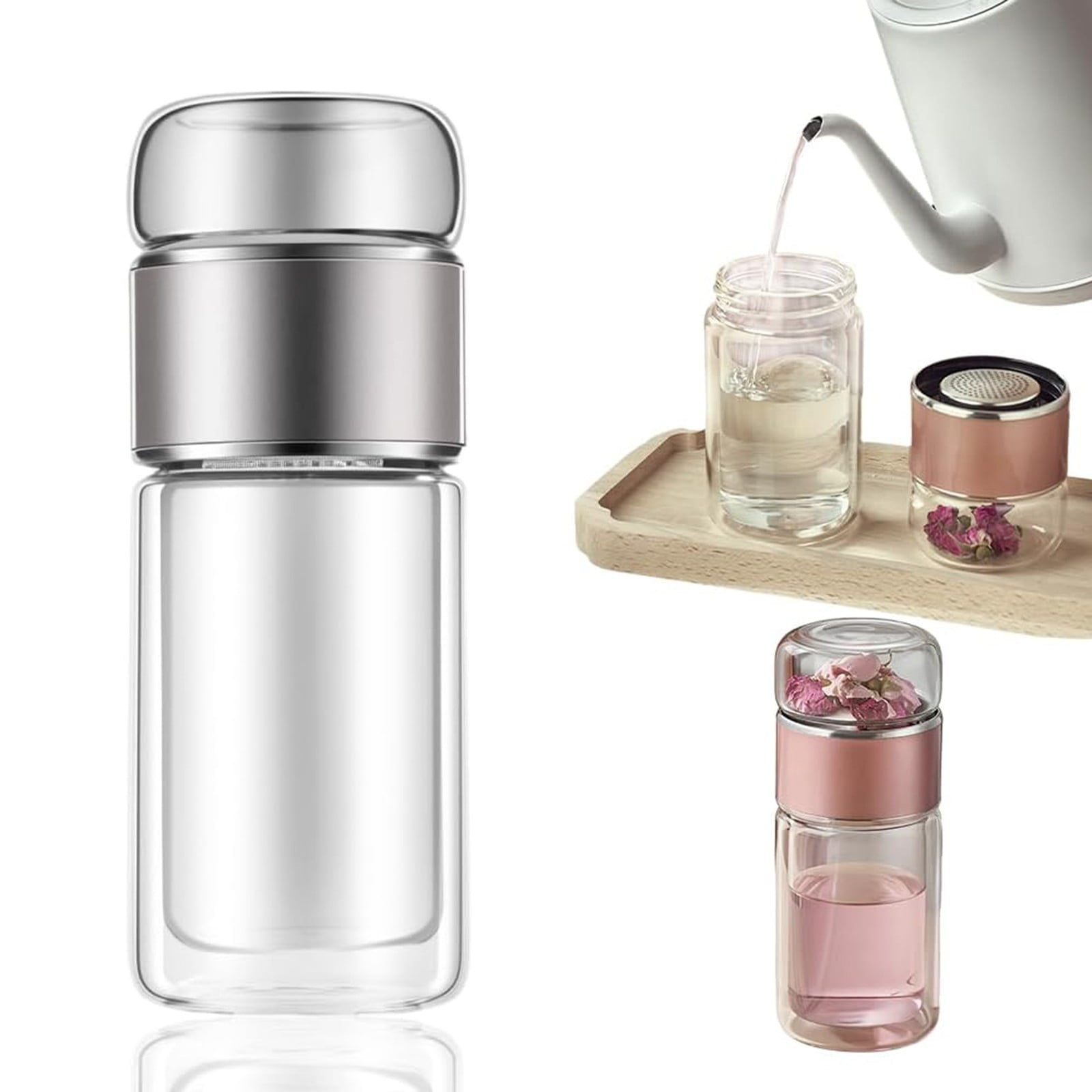 YAZHPA Tea Infuser Bottle,12oz/350ml Double Layer Stainless Steel Leakage Proof Glass Water Bottle Travel Water Separation Tea Bottle Mug Cup for Office Travel Home, Silver