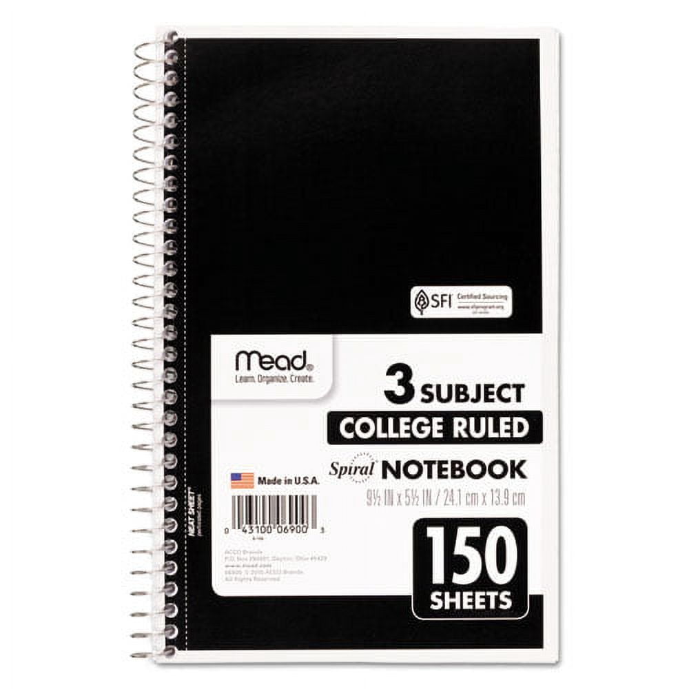 "Spiral Notebook, 3 Subject, Medium/college Rule, Randomly Assorted Covers, 9.5 X 5.5, 150 Sheets | Bundle of 2 Each"