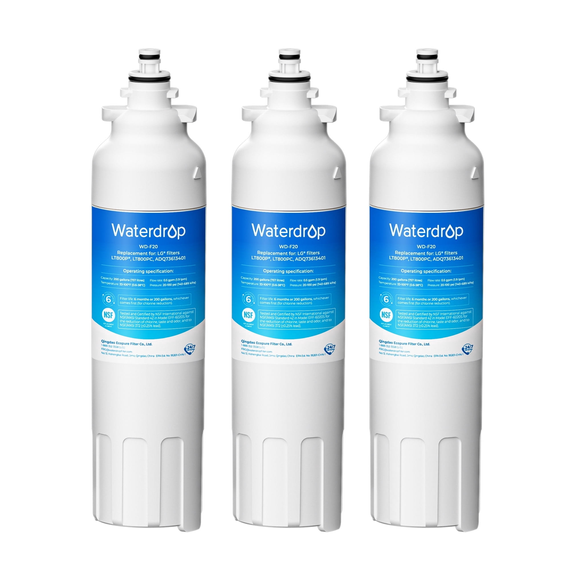 Waterdrop ADQ73613401 Refrigerator Water Filter, Replacement for LG® LT800P®, ADQ73613408, ADQ75795104, ADQ73613402, Kenmore 9490, 46-9490, LSXS26326S, LMXC23746S, LSXS26366S, WD-F20, Pack of 3