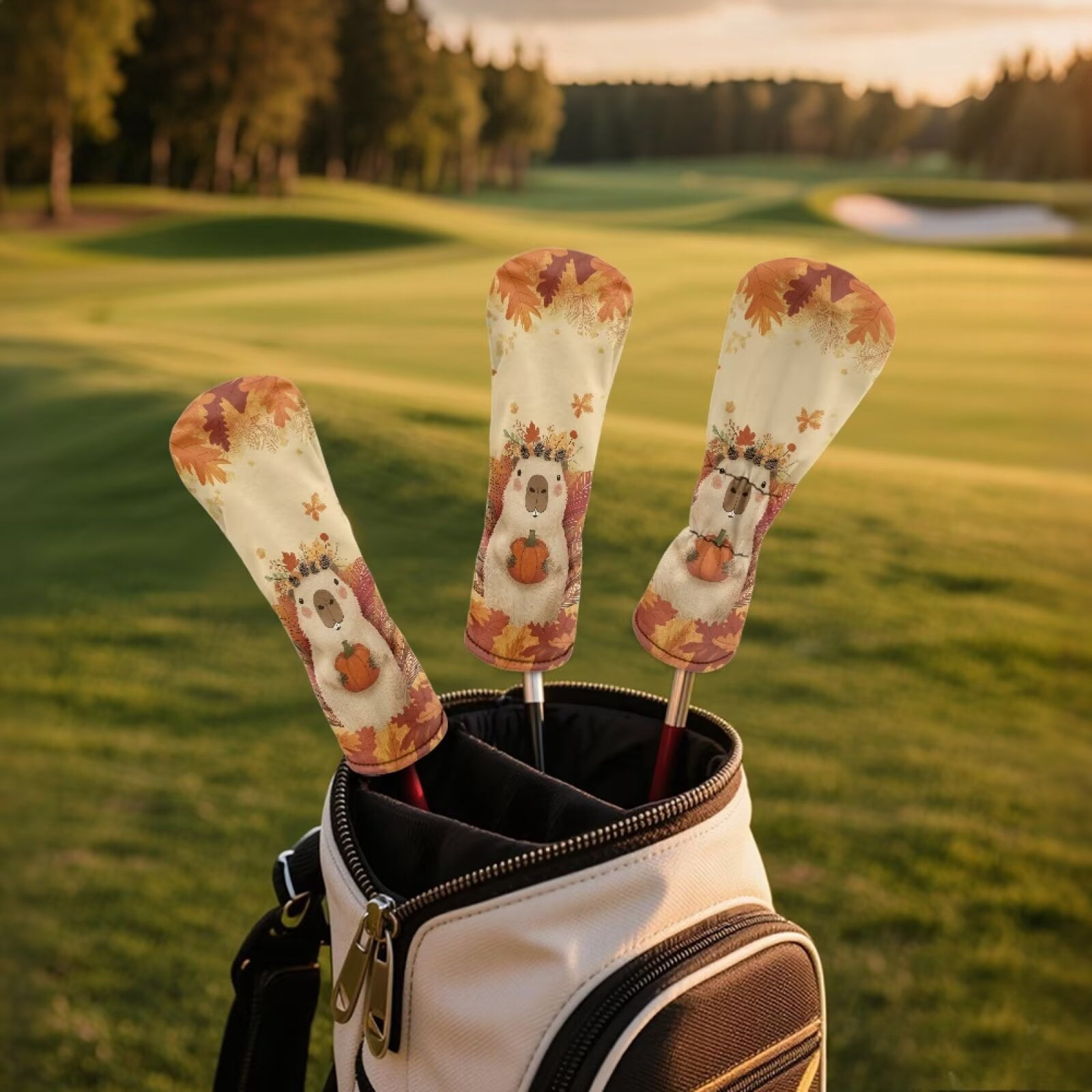 Uorisanigo 3pcs Golf Club Head Covers Autumn Capybara Headcovers Set Includes Driver Head Cover Fits up to 460cc Drivers, Golf Fairway Wood Hybrid Headcovers for Club Protective
