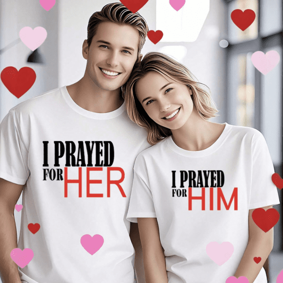 "I Prayed For Her / Him" Matching Couple Shirts, Religious His and Hers Tees, Christian Couple Gift (Men S)
