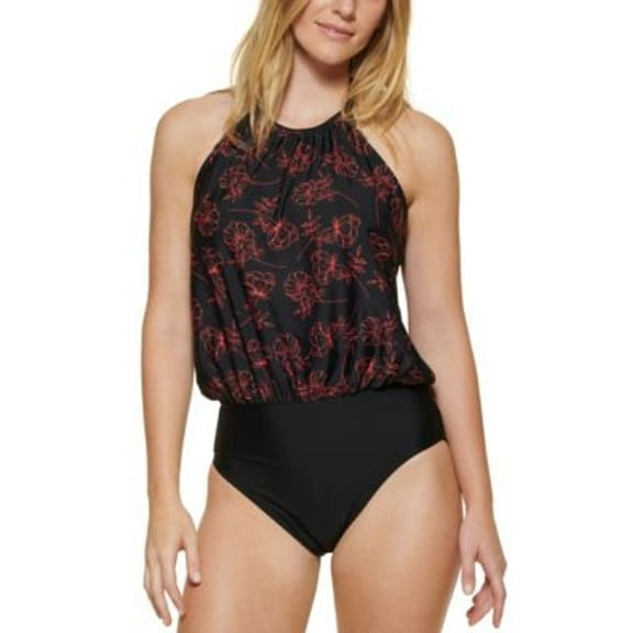 Calvin Klein BLACK ENERGY CORAL FLORAL Printed Blouson One-Piece Swimsuit, US 4