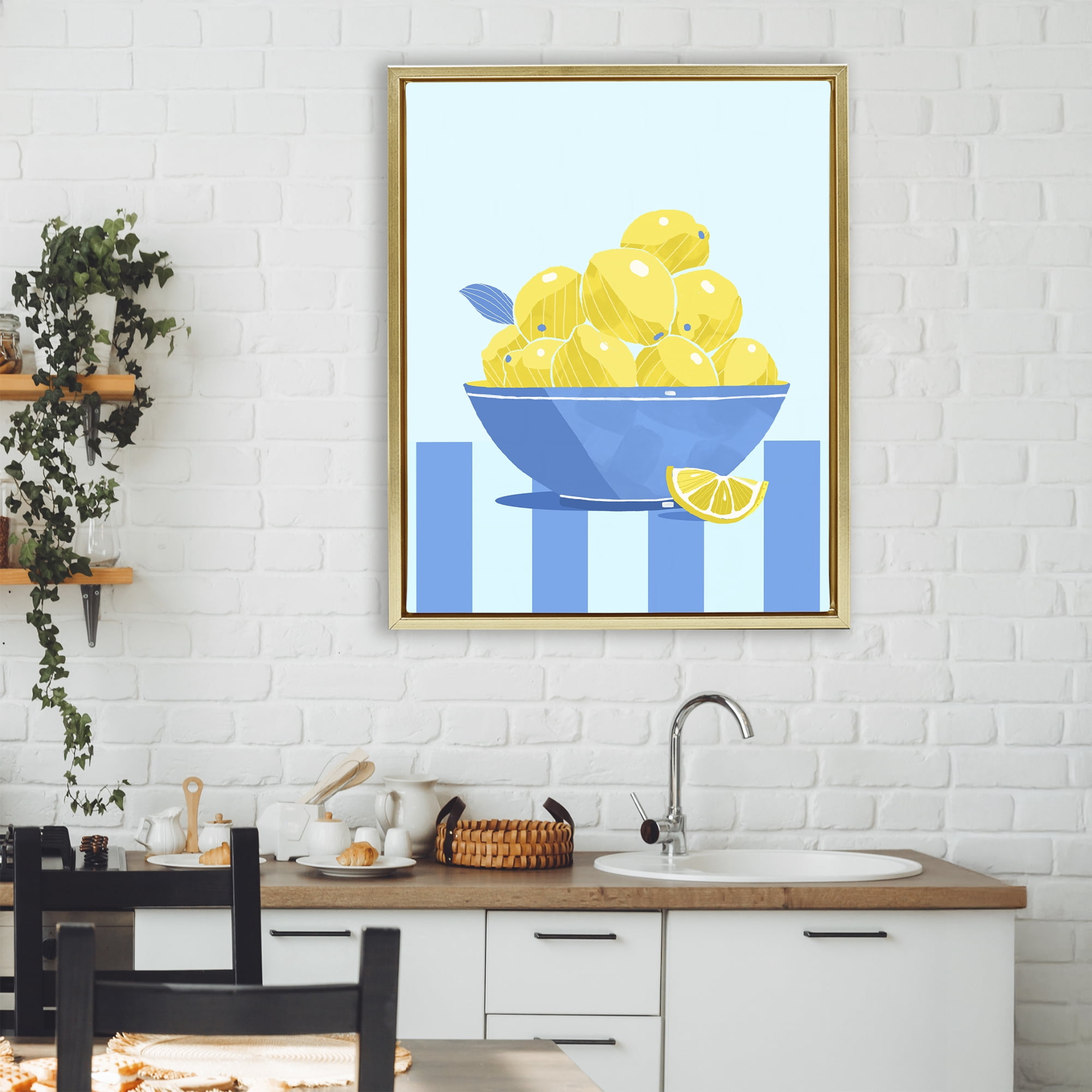 Stupell Industries Yellow Lemon Bowl Striped Gold Framed Floater Canvas Wall Art, design by Lucca Sheppard