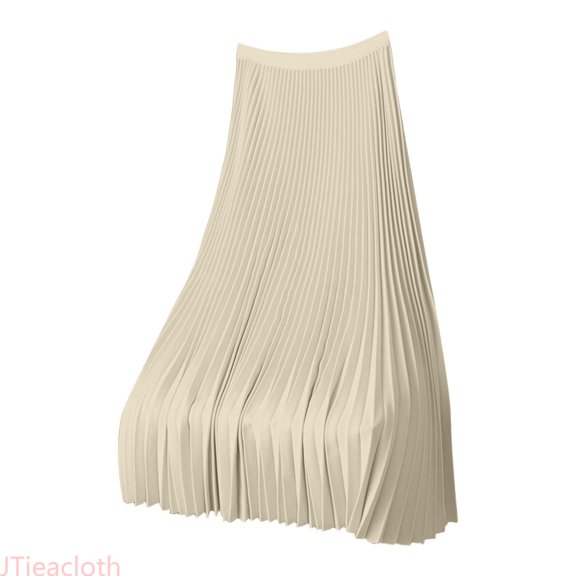 JTieacloth Elegant Satin Pleated Midi Skirt For High Waist Flowy A Line Dressy Casual Skirt With Side Slits,Women's Skirts(Beige)