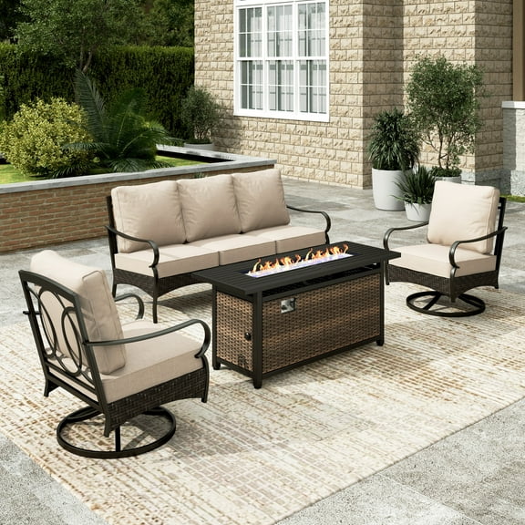 Sophia & William 4 Piece Steel Patio Furniture Set Outdoor 5-Seat Wicker Rattan Conversation Set with 56" Fire Pit Table and Swivel Sofa Chairs