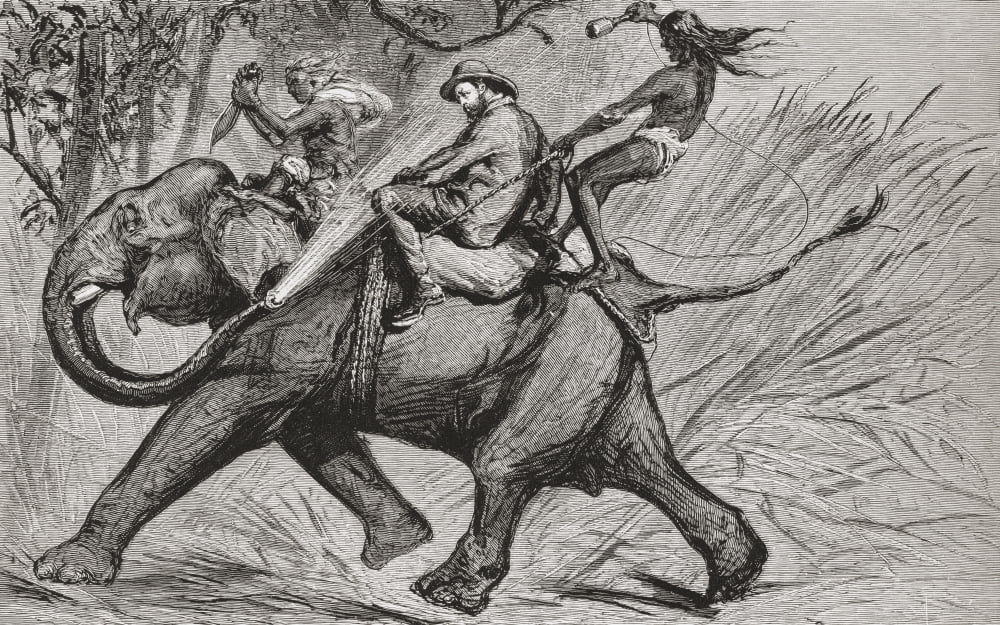 Cartoon of the Victorian era showing Albert Edward Prince of Wales future King Edward VII riding an elephant and being sprayed with water from its trunk From Edward VII His Life and Times published 1