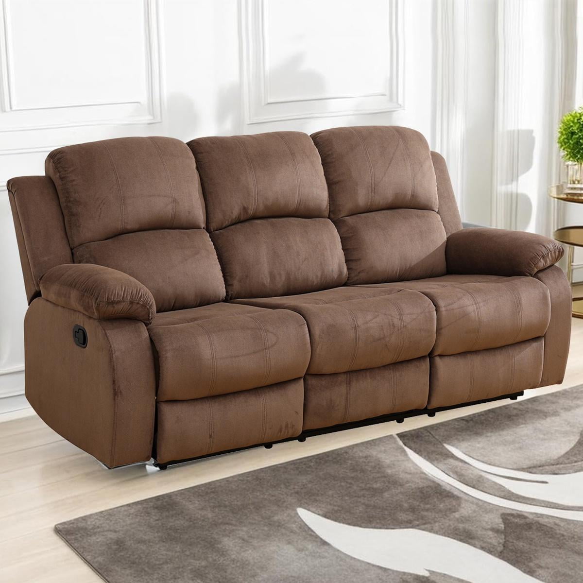 Gewnee Corduroy Upholstered Reclining Sofa, 3 Recliners with Cup Holders, Coffee