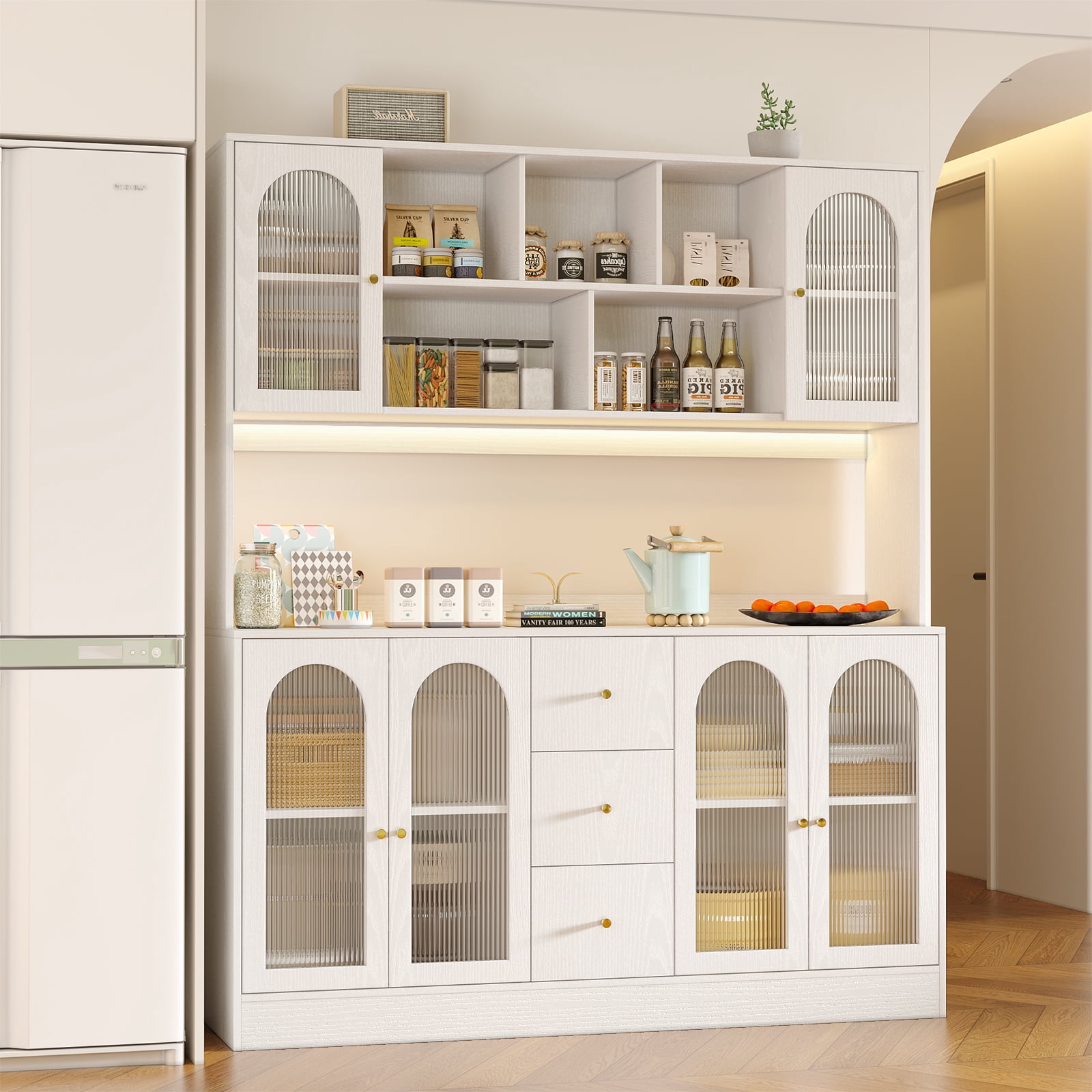 RichYa Kitchen Pantry with RGB LED Light,3 Drawers Hutch Storage Cabinet with Doors & Adjustable Shelves,Cupboard Buffet for Dining Room,White