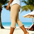 thumbnail image 5 of Women's Solid Color Ruffle Hem Capri Leggings Elastic Waist Breathable Yoga Casual Pants for Summer Khaki XL(XL), 5 of 7