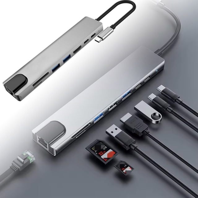 Universal 8-in-1 Type-C Adapter Hub, Multiple Ports, Enhanced Connectivity, Durable ABS, for Laptops/PCs, Home & Office Use