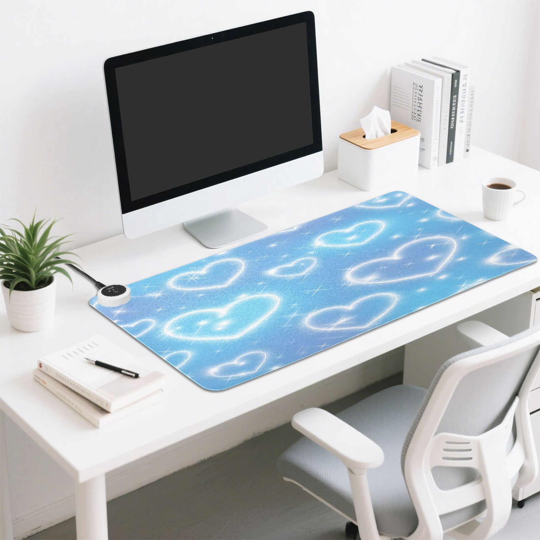 Large Heated Desk Mat Mouse Pad 31.5"x13"PU Leather Graphene Heating Desk Warmer with 3 Temperature Settings 110V US Plug Non-Slip Warm Pad for Home, Office, and Gaming Blue Diamond Heart Shower