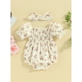 thumbnail image 5 of Musuos Baby Girl Summer Outfit, 3 6 9 12 18Months Square Neck Lace Trim Puff Sleeve Flower Print Romper + Bow Headband 2 Piece Set, 5 of 9