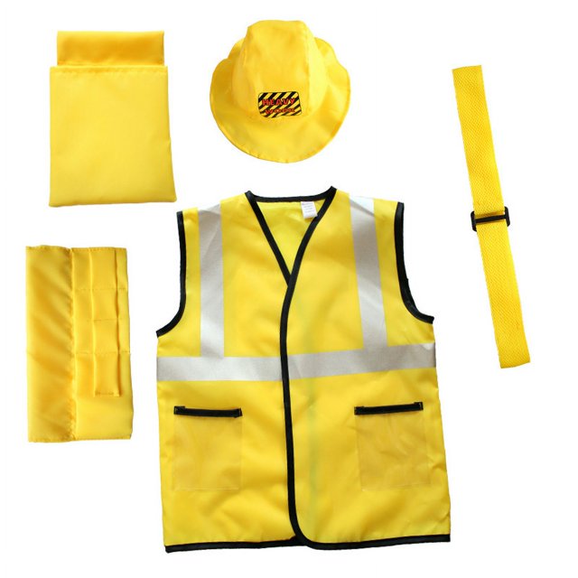 Conjunto profesional de cosplay de carpintero pequeño para niños, chaleco amarillo de leñador, sombrero, disfraz de bombero