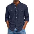 thumbnail image 2 of YODETEY Men’s Band Collar Long Sleeve Linen Blend Button-Down Shirt,Big and Tall Navy,Size S-5XL, 2 of 6
