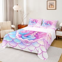 Manfei Child Teens Kawaii Mermaid Princess Twin Sheet Sets 3pcs,Cartoon Animal Twin Fitted Sheet Microfiber,Dreamy Gradient Breathable Flat Sheet,Microfiber Bedroom Decor