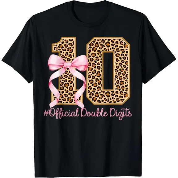10th Birthday Girl Pink Coquette Bow Leopard 10 Year Old Gift Unisex T-Shirt up to Size 5XL