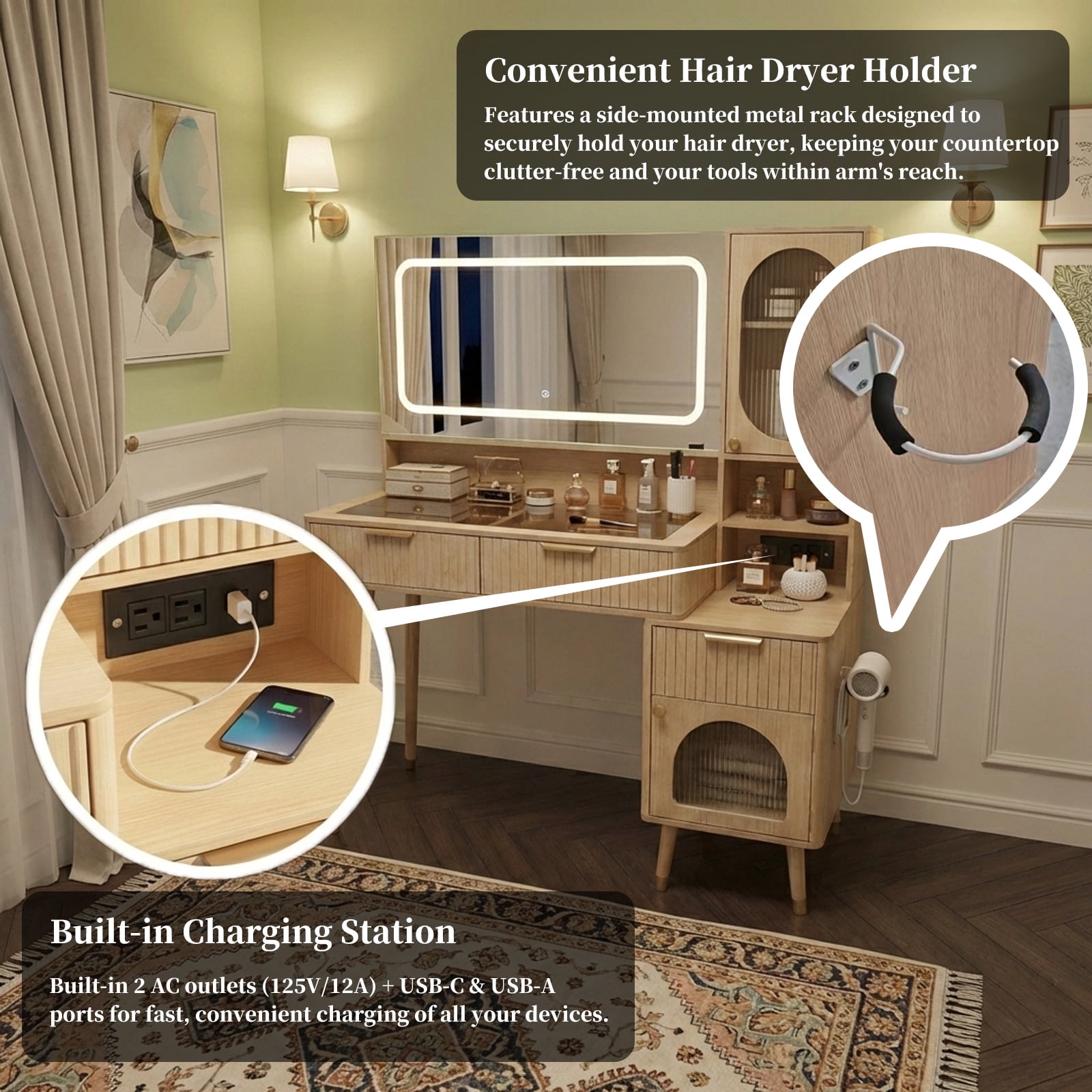 48" Fluted Vanity Desk with Lighted Mirror & Charging Station, Natural Oak Makeup Table with 5 Drawers, Motion Sensor Lights, Glass Top & Hair Dryer Holder for Bedroom