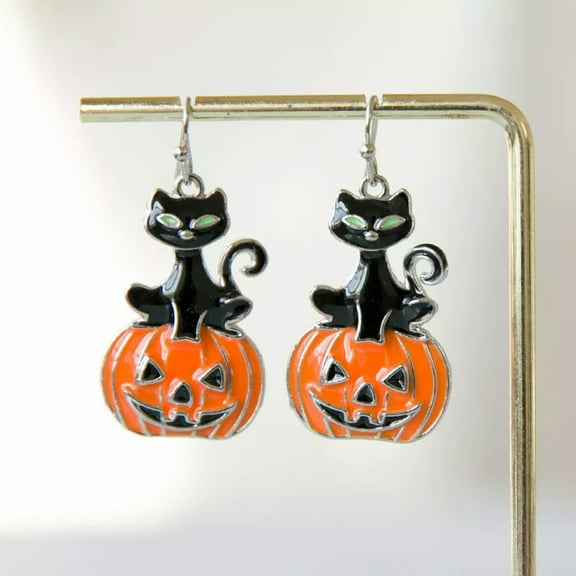 EOEMY Halloween Orange Pumpkin Black Cat Hook Earrings Drop Dangle Women Party Jewelry