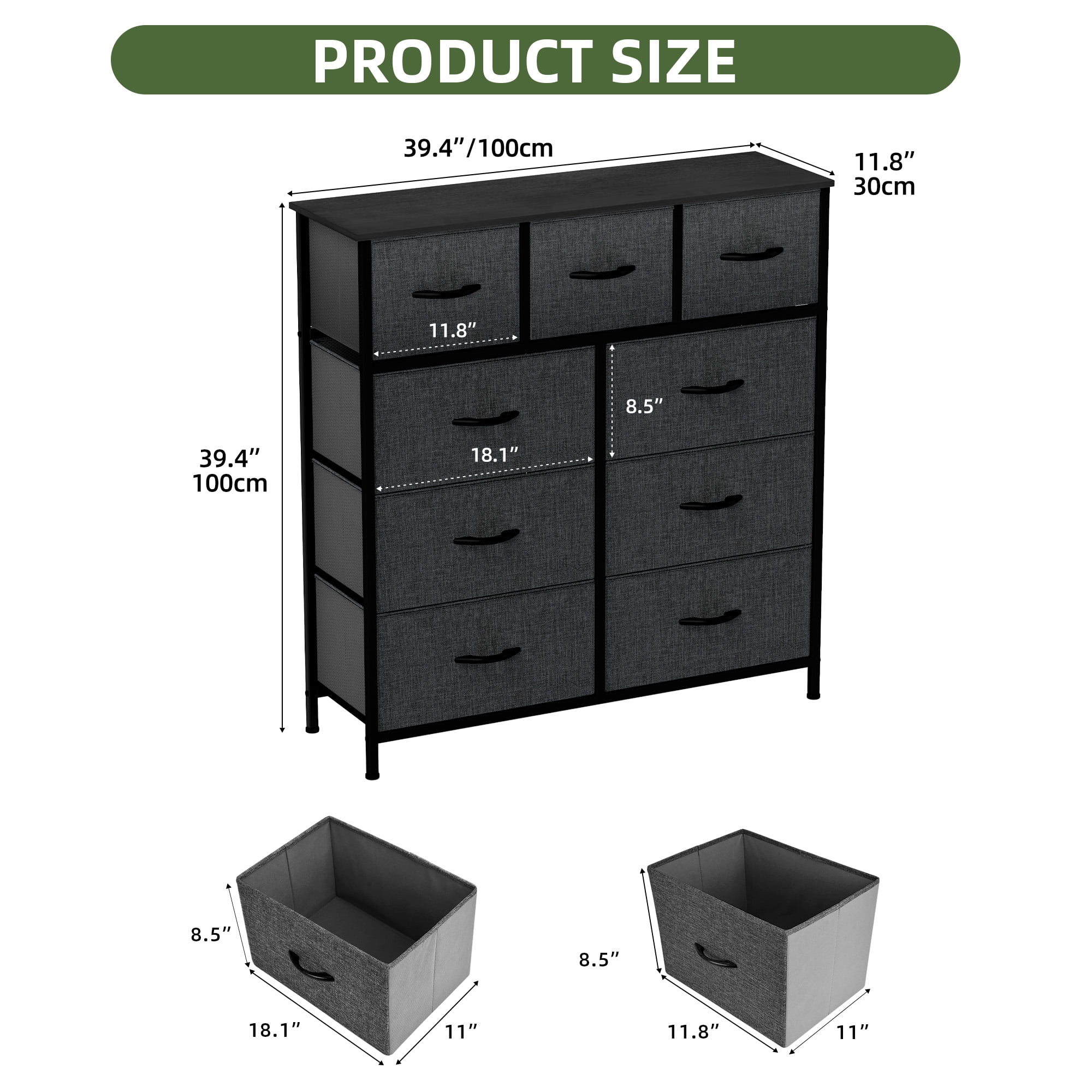 Uforic 9 Drawer Fabric Dresser, Sturdy Storage with Metal Frame for & Closet, Black Gray