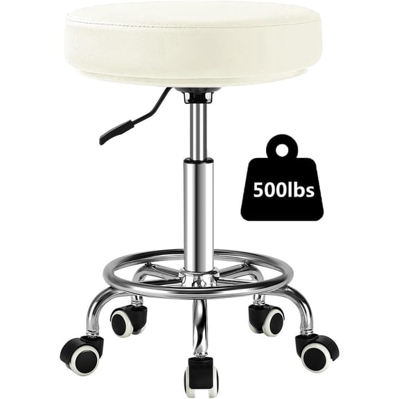 Adjustable Rolling Stool with Wheels Heavy Duty 500lb Round RollingStool with Footrest, Patent Leather Drafting Stool Chair with Wheels Work Spa Salon Seat,White