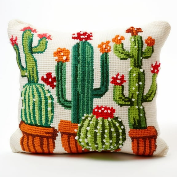 Latch Hook kits Pillow Green Cactus Printed Canvas Cushion Crochet Yarn Needlework DIY Hook Latch Kit Embroidery Pillowcase Rug Cover Home Sofa Christmas Decoration 43x43cm(2)