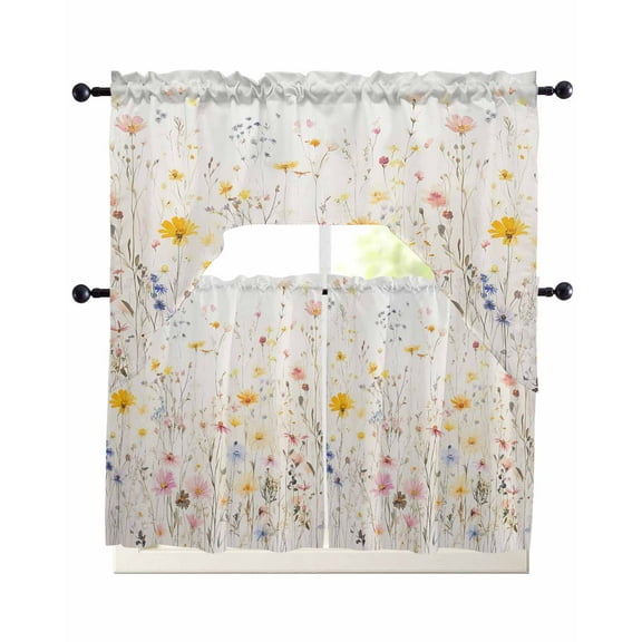 Country Wildflowers Kitchen Curtains Swag Valance and Tier Curtains Set 36 Inch Length, Spring Rustic Vintage Botanical Rod Pocket Drape Panels Pair Swag Curtain for Bathroom/Cafe/Window