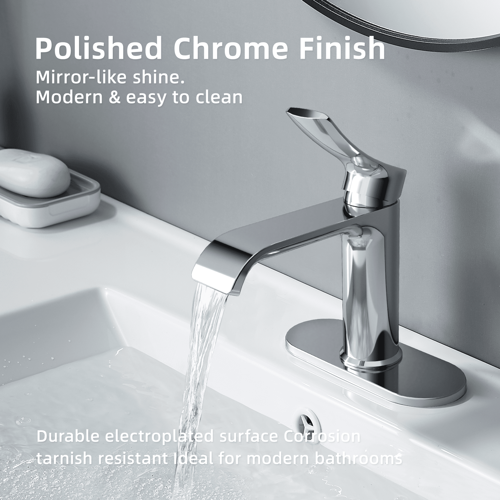 BELZ Bathroom Faucet Waterfall Spout Bathroom Sink Faucet with Single Handle with Pop Up Drain and Deck Plate Suitable for 1 or 3 Holes, Chrome
