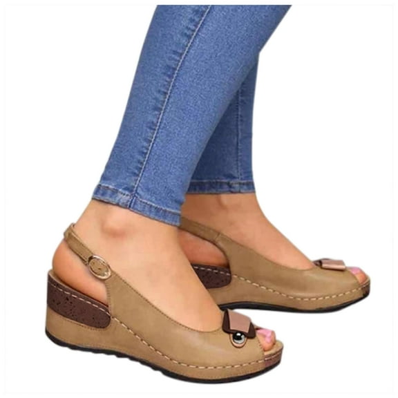 Women Mid Heel Wedge Open Toe Sandals Summer Outdoor Stylish Fish Mouth Slip-Ons Shoes