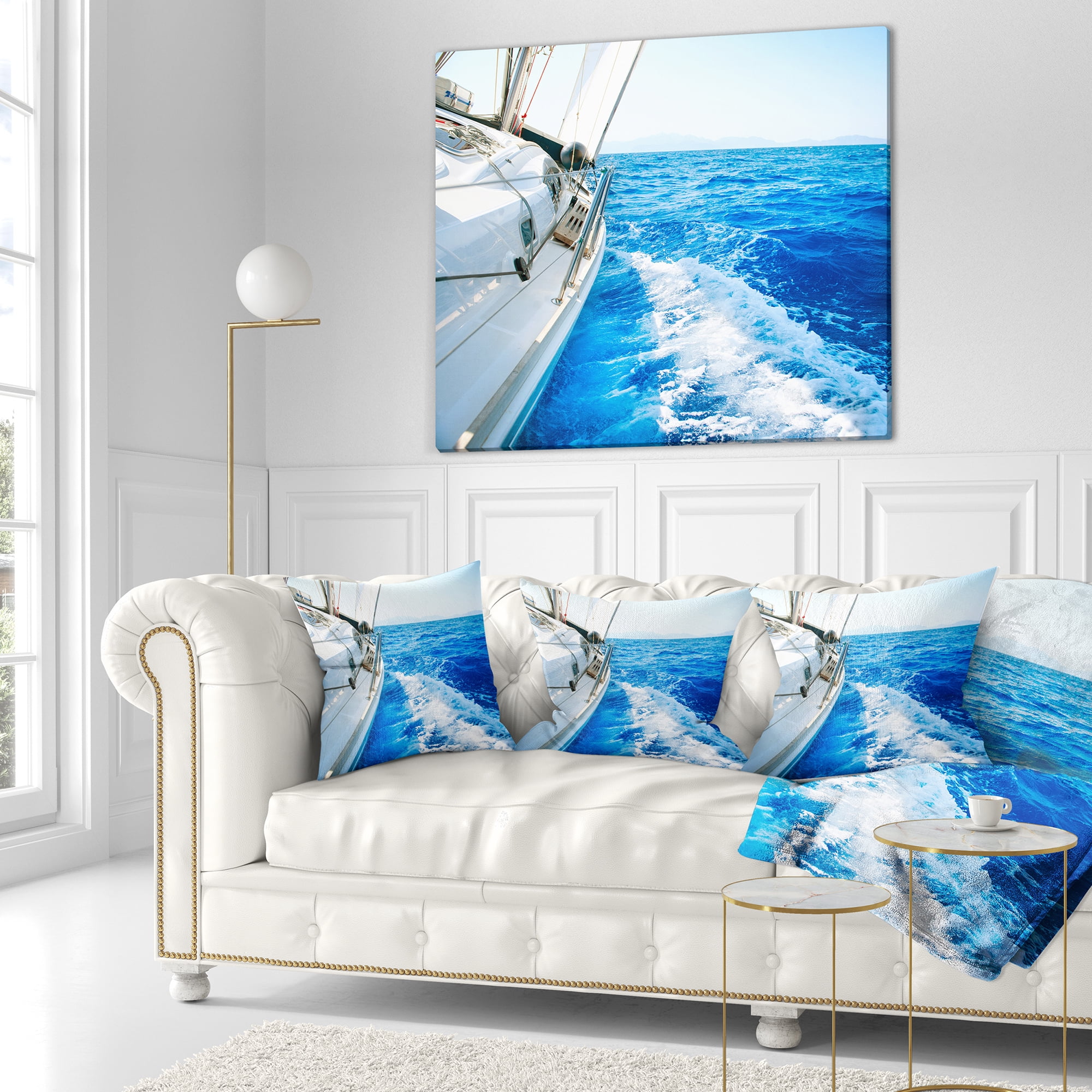 Designart White Sailing Yacht in Blue Sea - Seashore Throw Pillow - 18x18