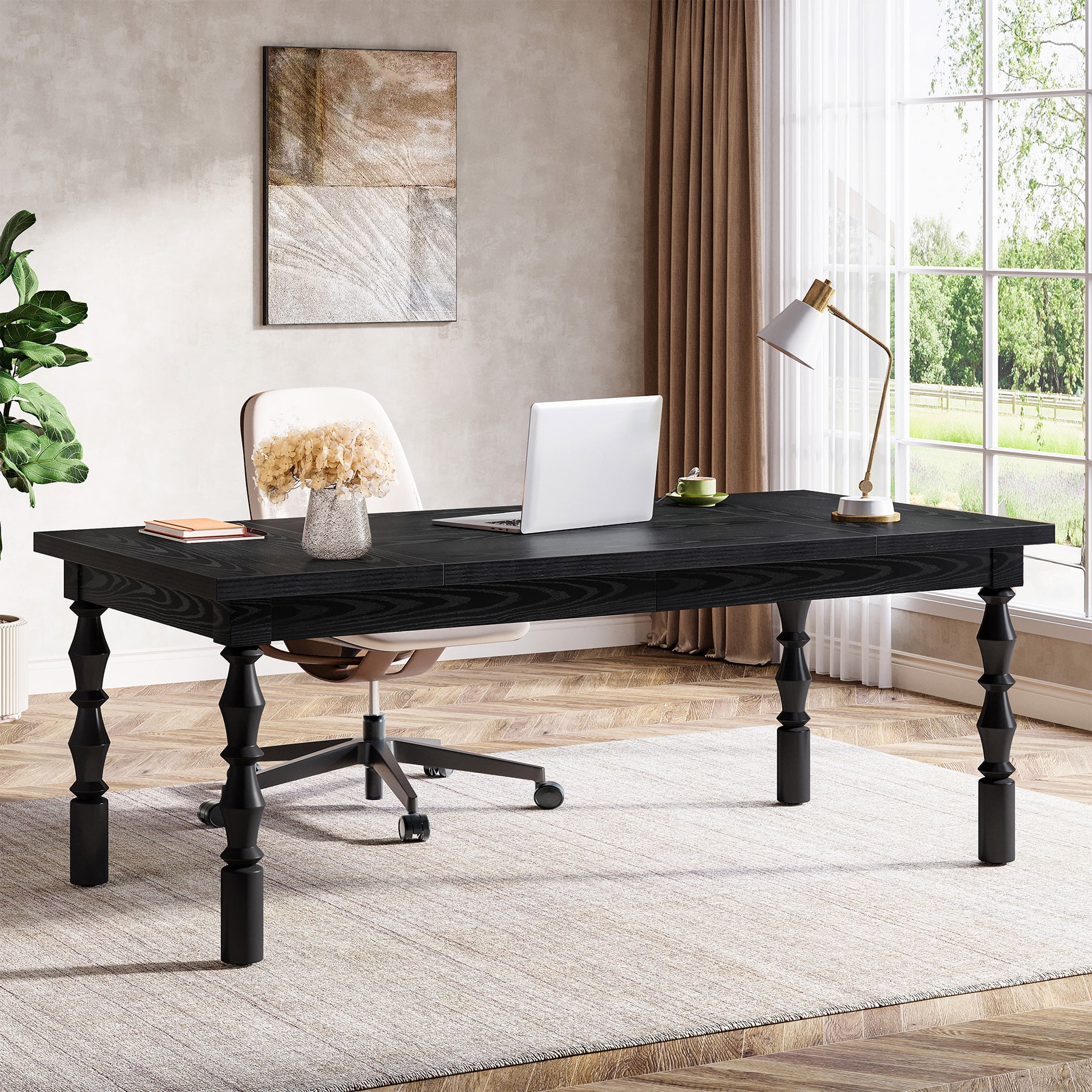 Tribesigns 62.2-Inch Large Wood Executive Desk, Farmhouse Style Writing/Study Table, Business Office Workstation Furniture with Carved Turned Legs, Black