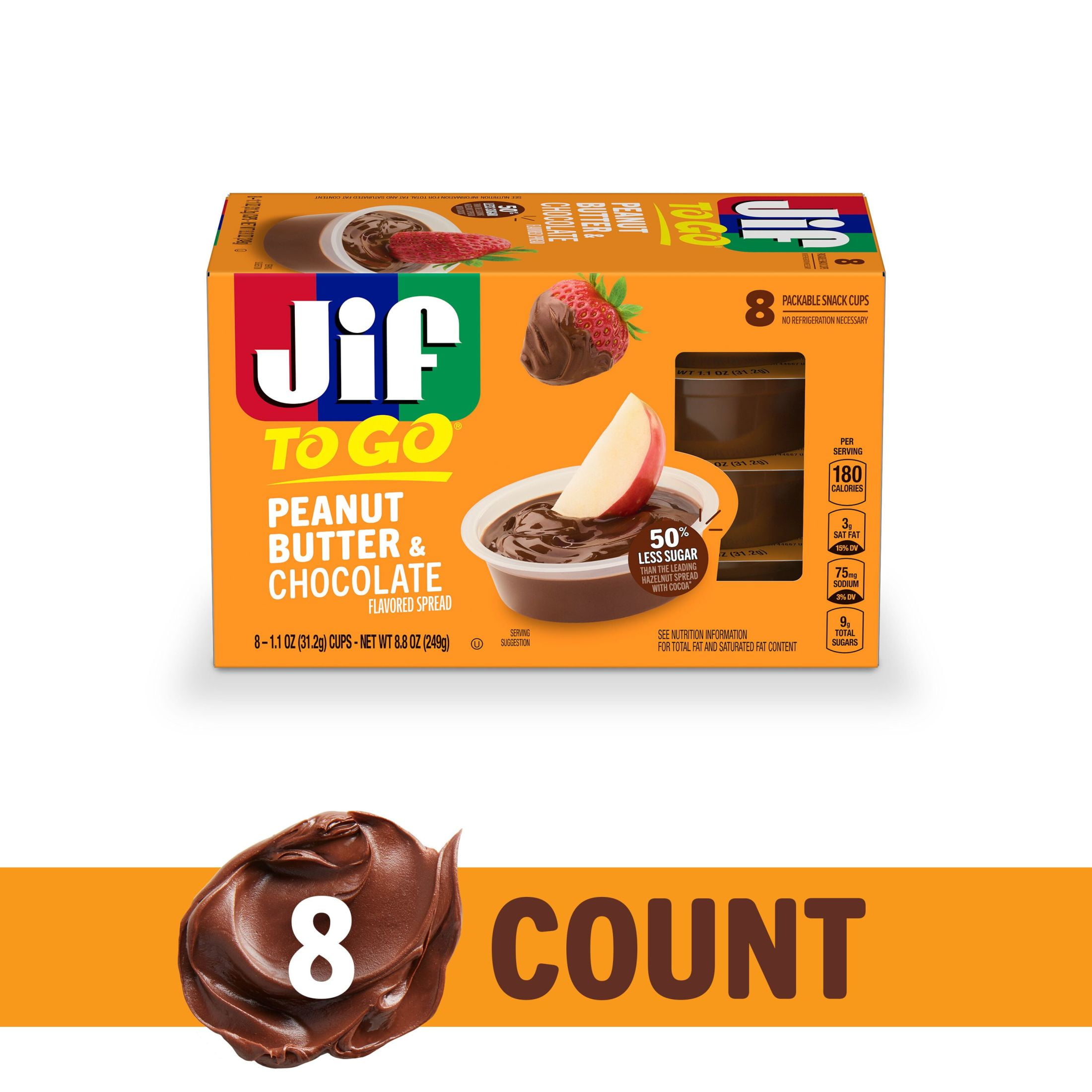 (3 pack) Jif To Go Peanut Butter & Chocolate Flavored Spread, 8 Single-Serve Cups, 1.1 Oz. Each