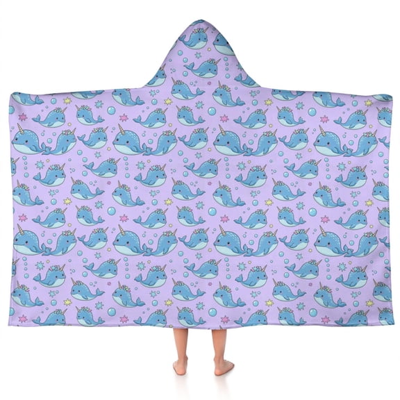 Purple Cartoon Narwhal Pattern Hooded Bath Towel,50"x30" for Ages 3 To 12 Kids, Quick Dry Lightweight Soft Microfiber Hood Beach Towel Cover Up for Kids