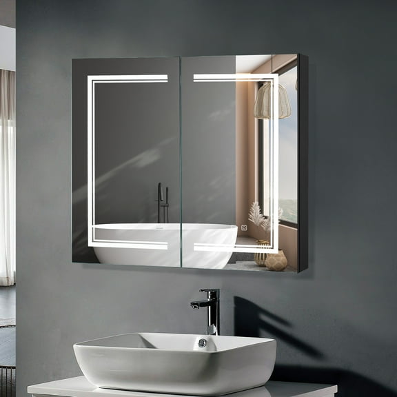 Zimtown LED Mirror Medicine Cabinet with Lights, Wall-Mounted Bathroom Cabinet w/ Defogger, Dimmable, Memory function, Outlets & USB, 32"x28", Black