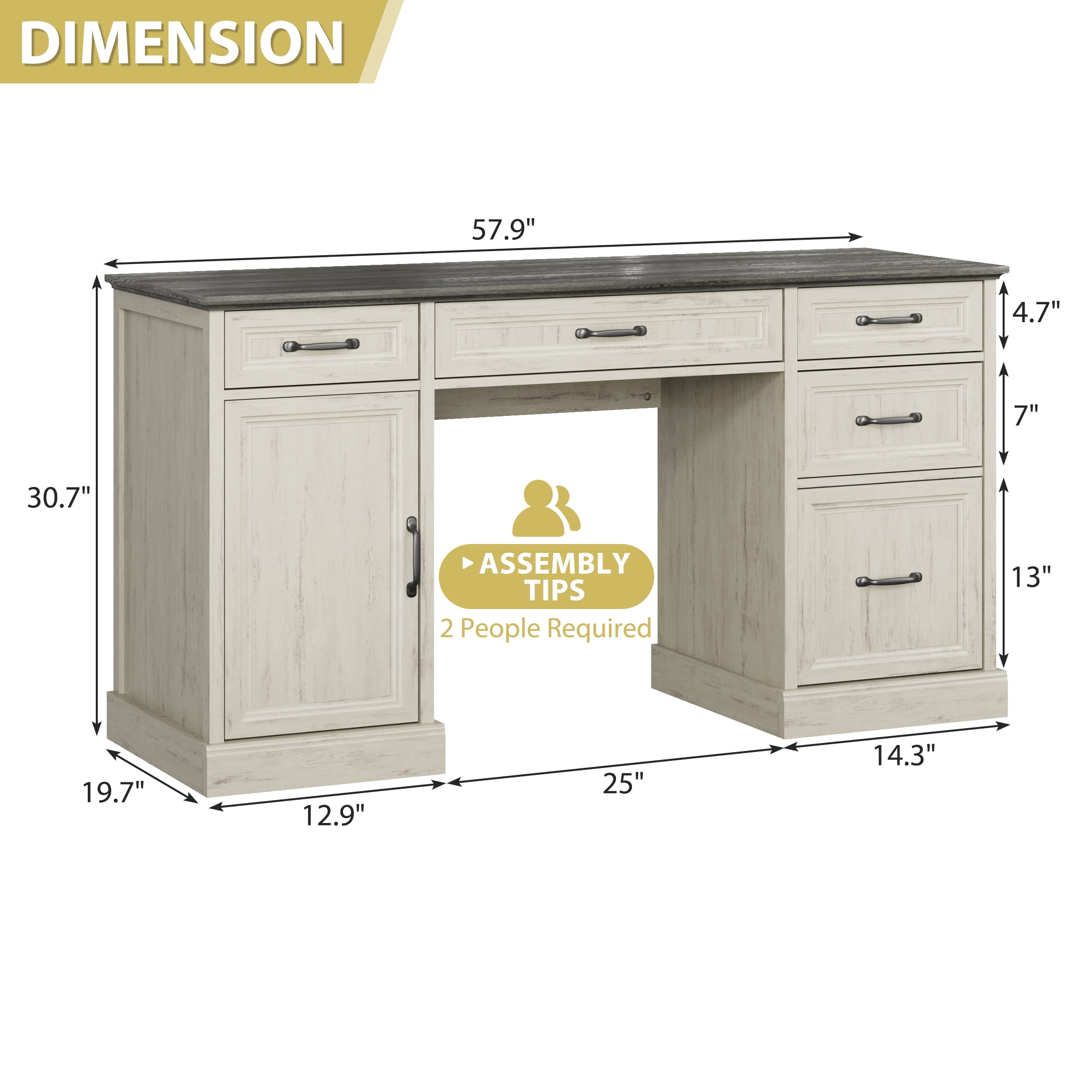 YouTrend 58'' Farmhouse Executive Desk,Wood Home Office Computer Desk with 5 Drawers and Storage Cabinet for Work Study Writing,White